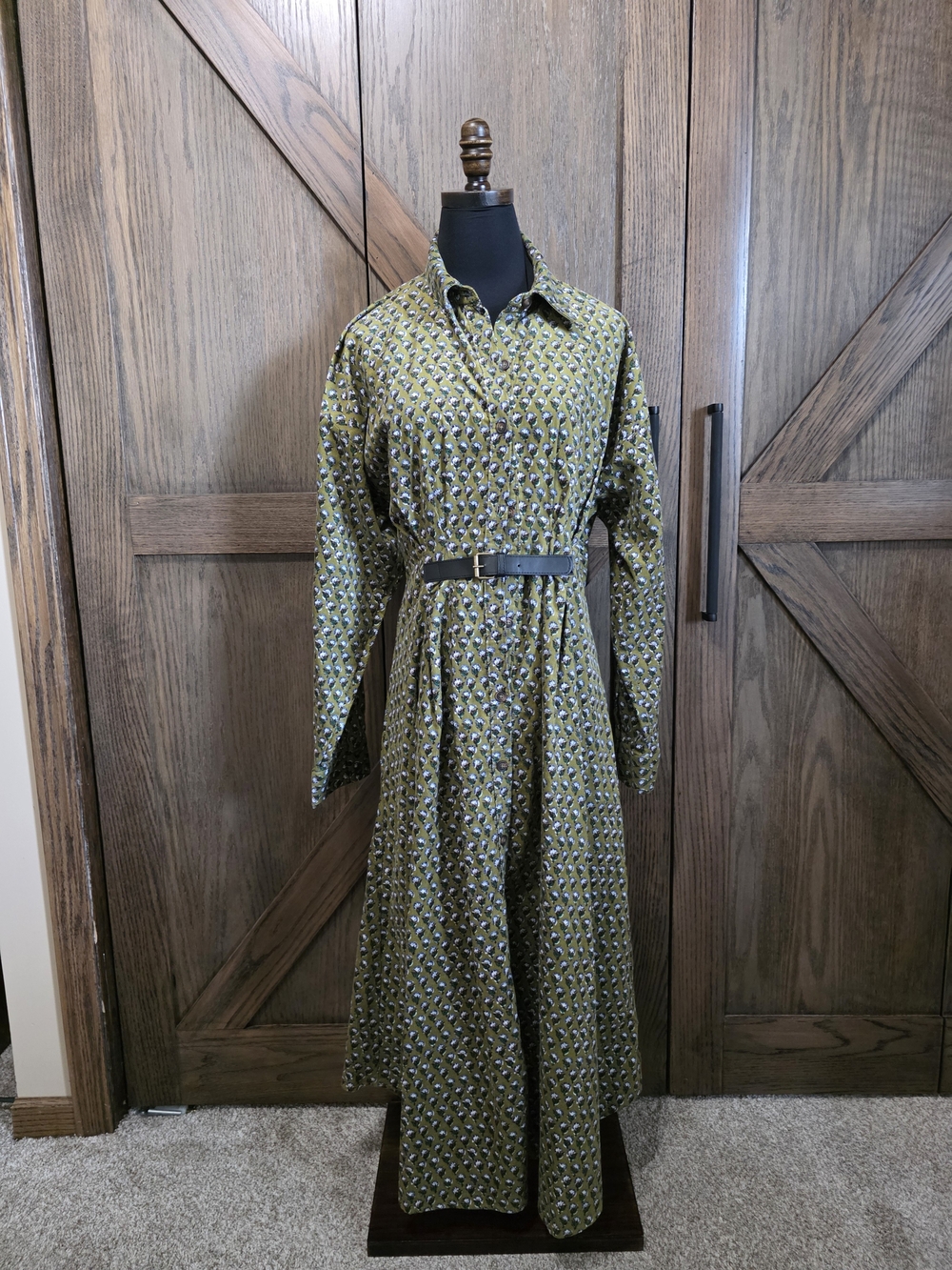 Anthropologie Corduroy Olive Green Patterned Maxi Shirt Dress